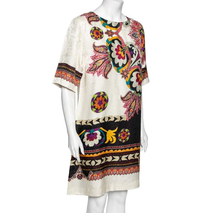 Pre Owned Etro White Printed Silk Blend Shift Dress L