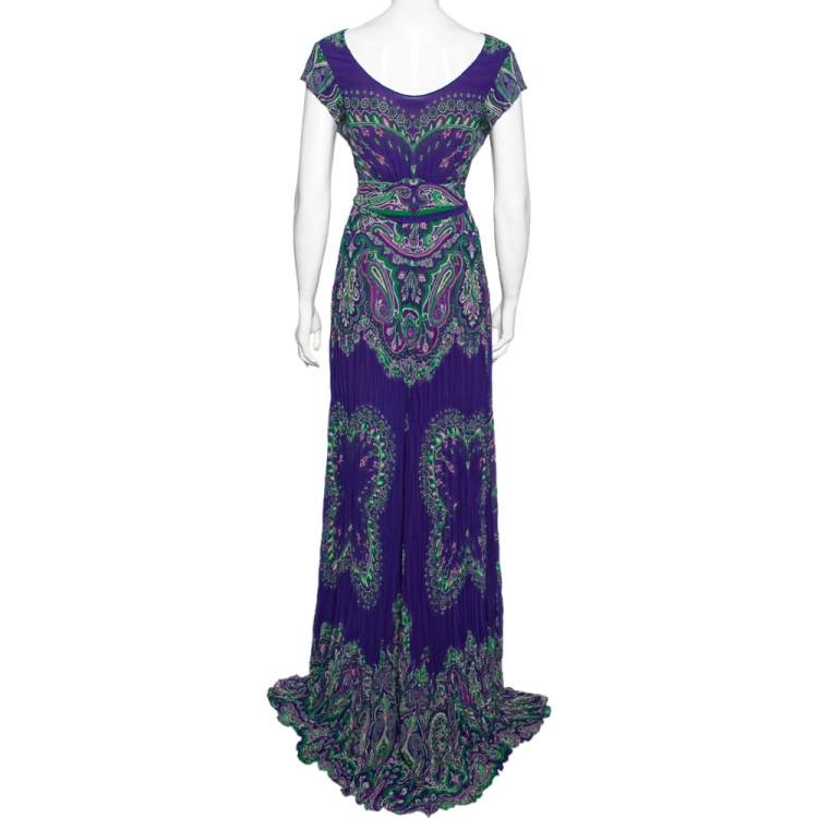 Pre Owned Etro Blue Paisley Printed Crinkled Chiffon Maxi Dress S
