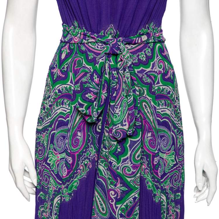 Pre Owned Etro Blue Paisley Printed Crinkled Chiffon Maxi Dress S