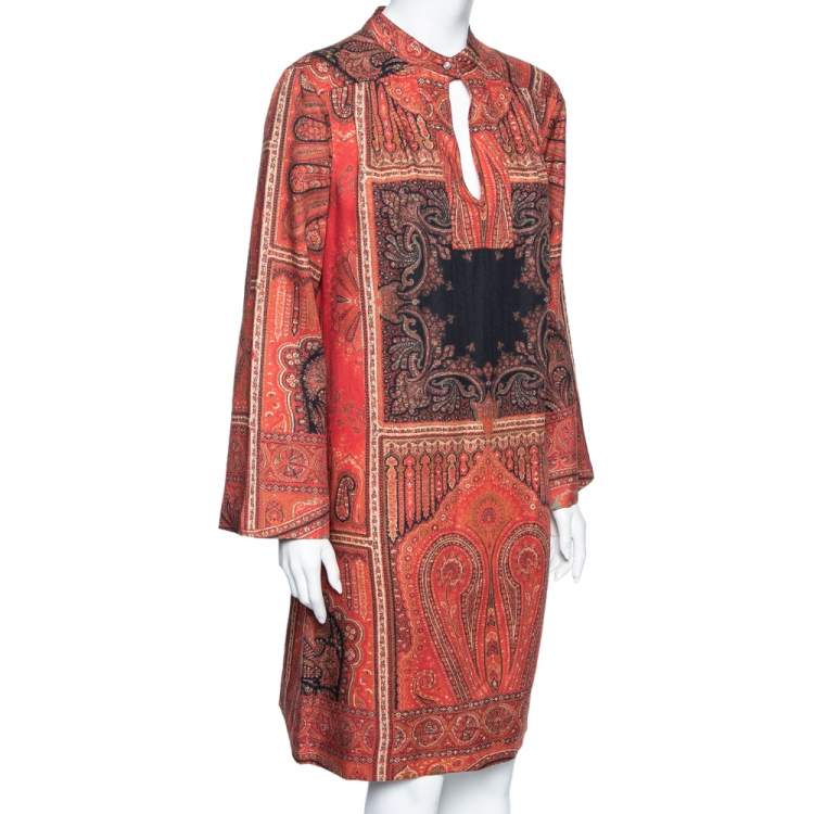 Pre Owned Etro Red Printed Paisley Printed Wool Tunic Dress M