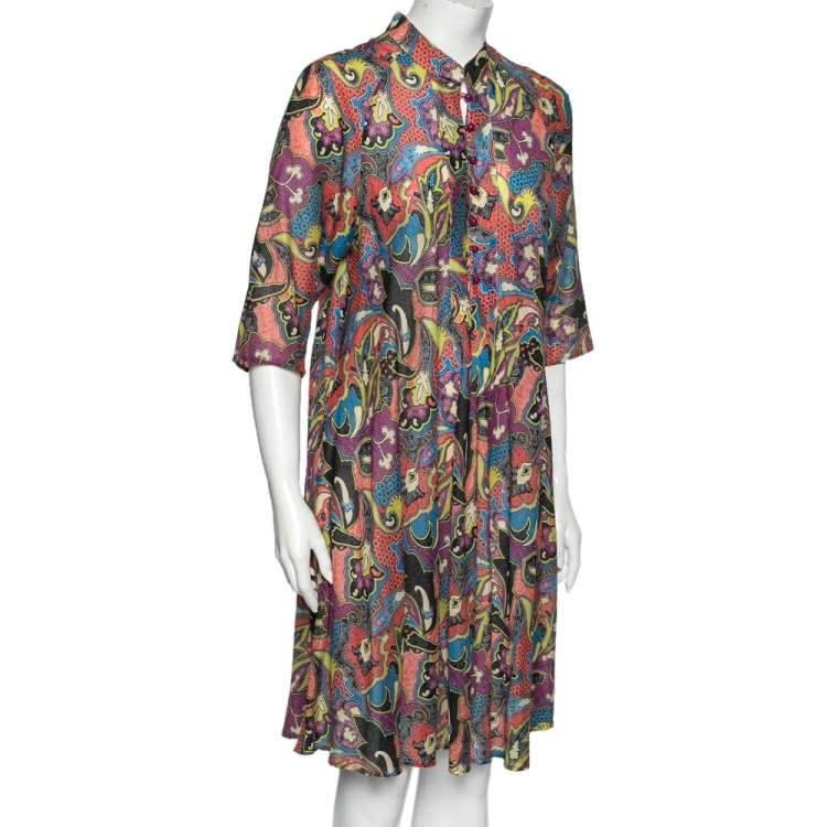 Pre Owned Etro Multicolor Printed Cotton & Silk Shift Dress L/XL