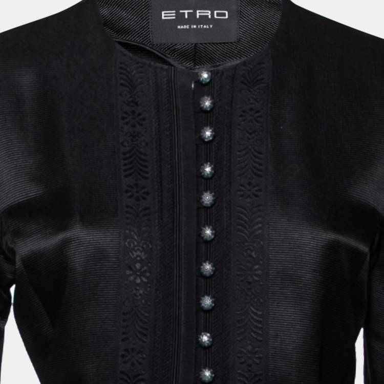 Pre Owned Etro Black Textured Satin Ribbon Trimmed Long Coat M