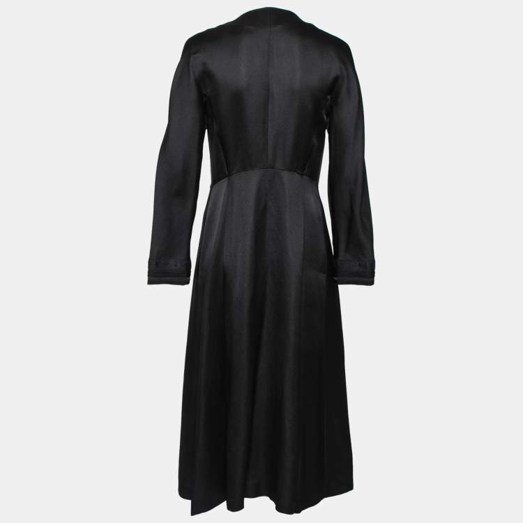 Pre Owned Etro Black Textured Satin Ribbon Trimmed Long Coat M