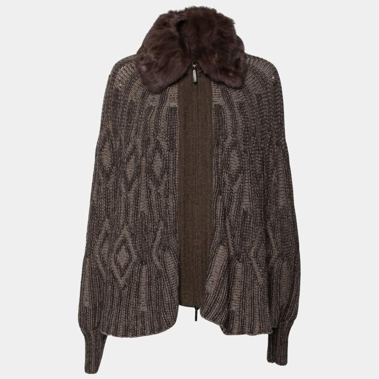 Pre Owned Etro Brown Intarsia Knit Wool & Squirrel Fur Trimmed Zip Front Cardigan M 