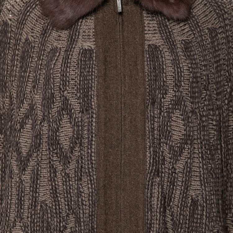 Pre Owned Etro Brown Intarsia Knit Wool & Squirrel Fur Trimmed Zip Front Cardigan M 