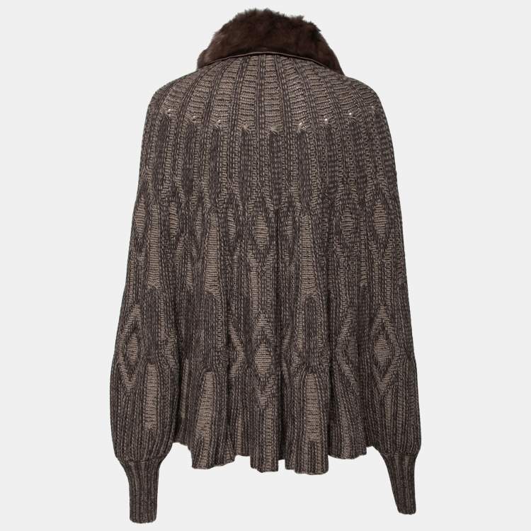 Pre Owned Etro Brown Intarsia Knit Wool & Squirrel Fur Trimmed Zip Front Cardigan M 