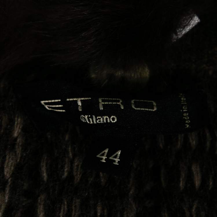 Pre Owned Etro Brown Intarsia Knit Wool & Squirrel Fur Trimmed Zip Front Cardigan M 