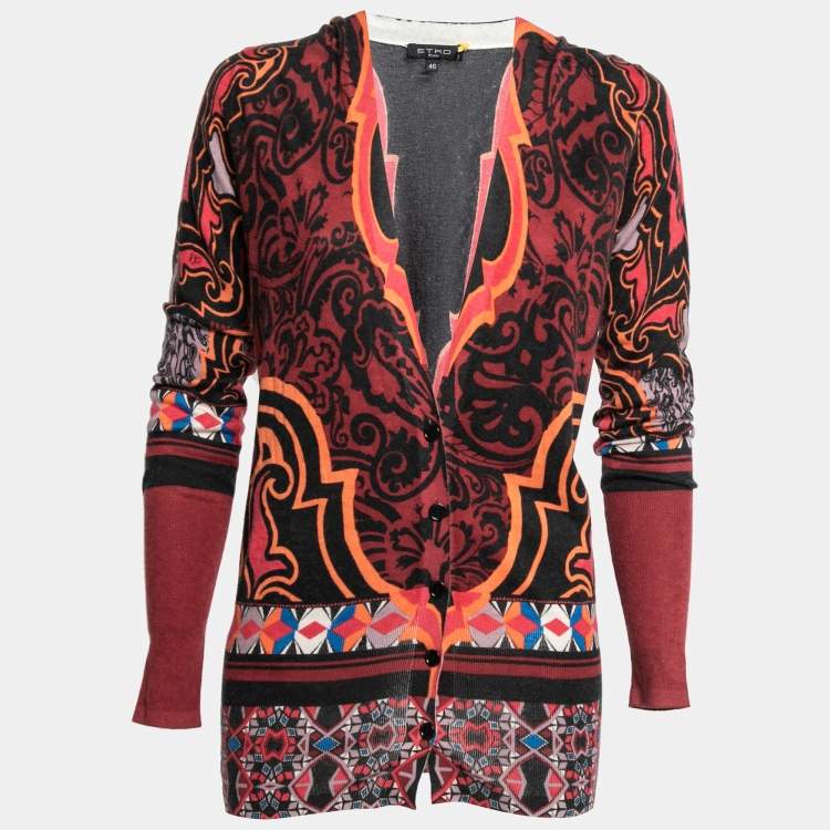 Pre Owned Etro Multicolor Printed Silk & Cashmere Knit Button Front Cardigan L