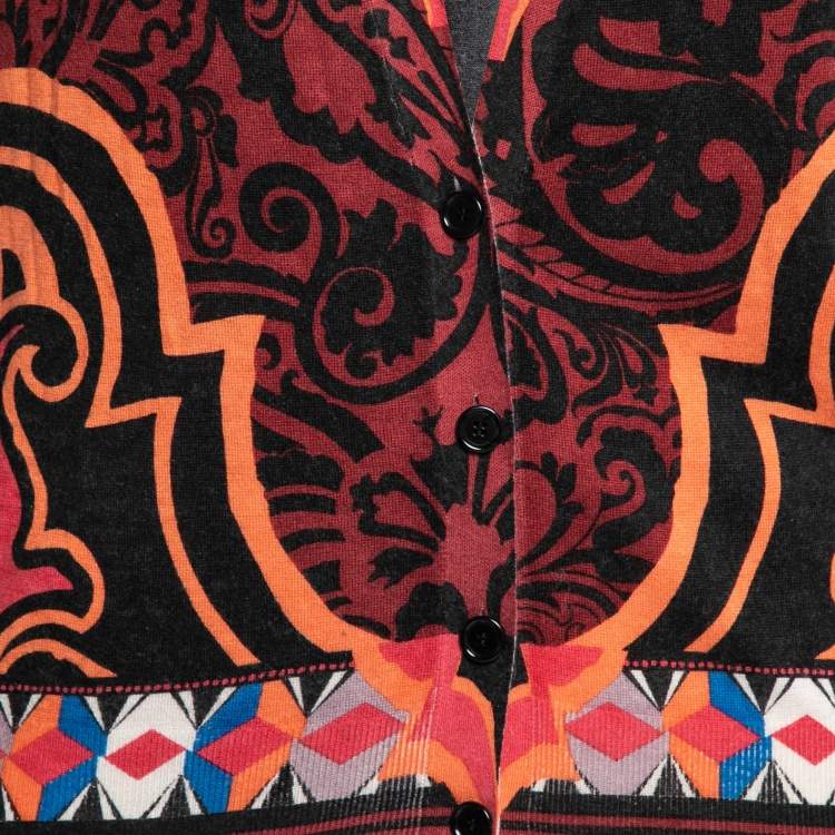 Pre Owned Etro Multicolor Printed Silk & Cashmere Knit Button Front Cardigan L