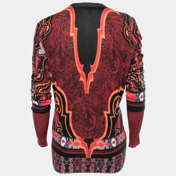 Pre Owned Etro Multicolor Printed Silk & Cashmere Knit Button Front Cardigan L