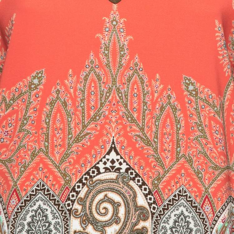 Pre Owned Etro Orange Printed Jersey Sleeveless V-Neck Dress M