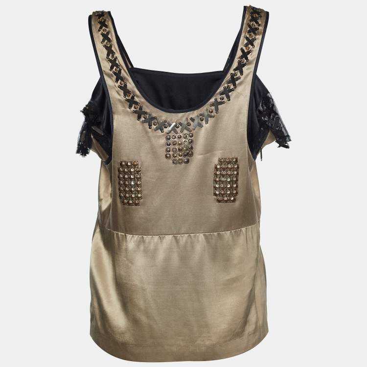 Pre Owned Etro Beige Satin Embellished Sleeveless Top M