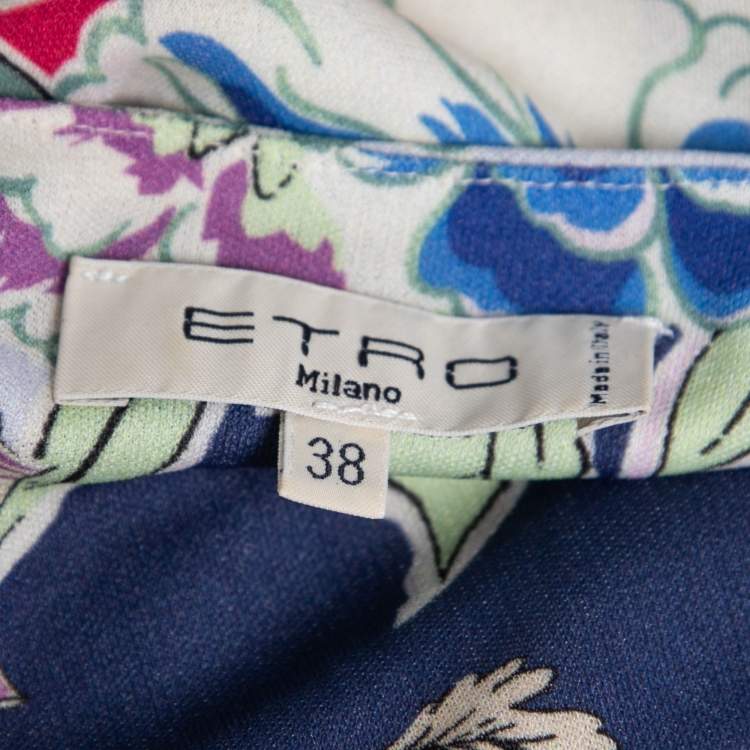 Pre Owned Etro Blue Floral Printed Knit V-Neck Belted Dress S
