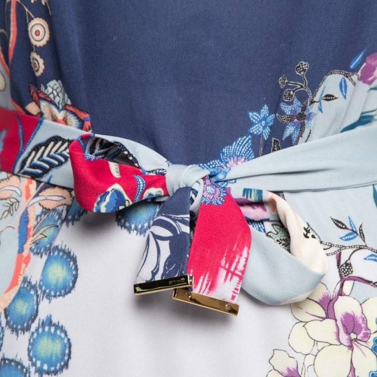 Pre Owned Etro Blue Floral Printed Knit V-Neck Belted Dress S