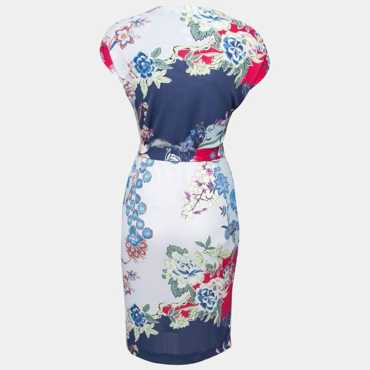 Pre Owned Etro Blue Floral Printed Knit V-Neck Belted Dress S