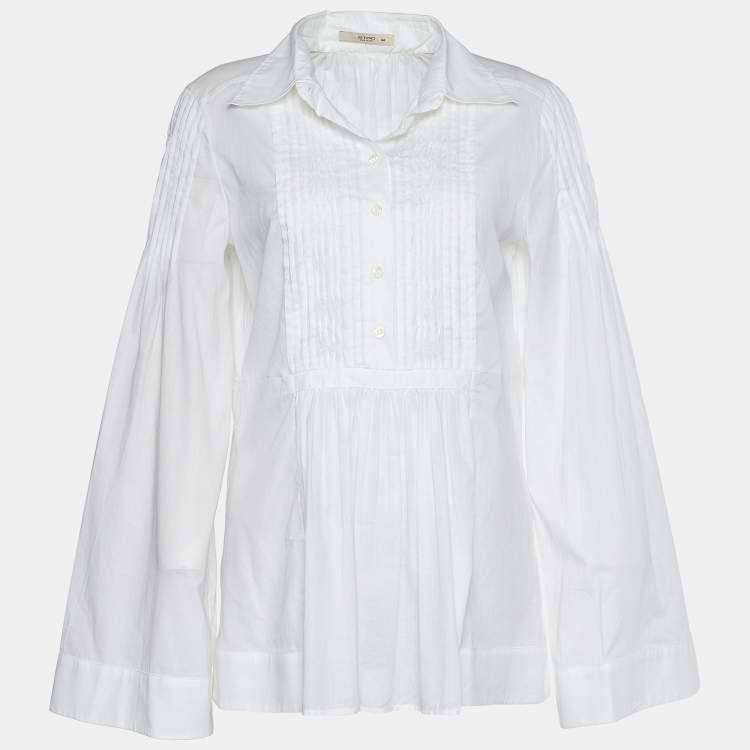 Pre Owned Etro Vintage White Cotton Voile Pleated Flared Sleeve Top M