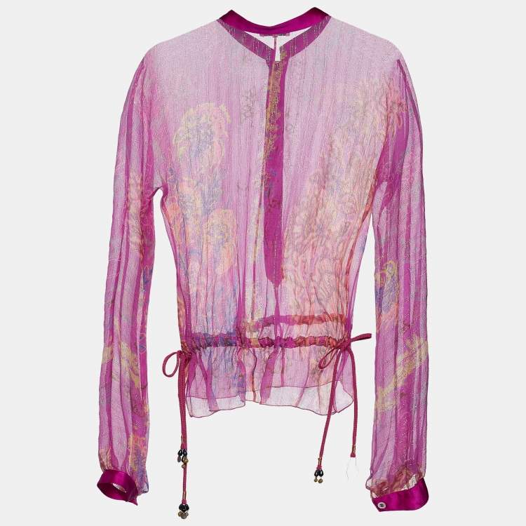 Pre Owned Etro Pink Printed Silk Side Knot Detail Top M