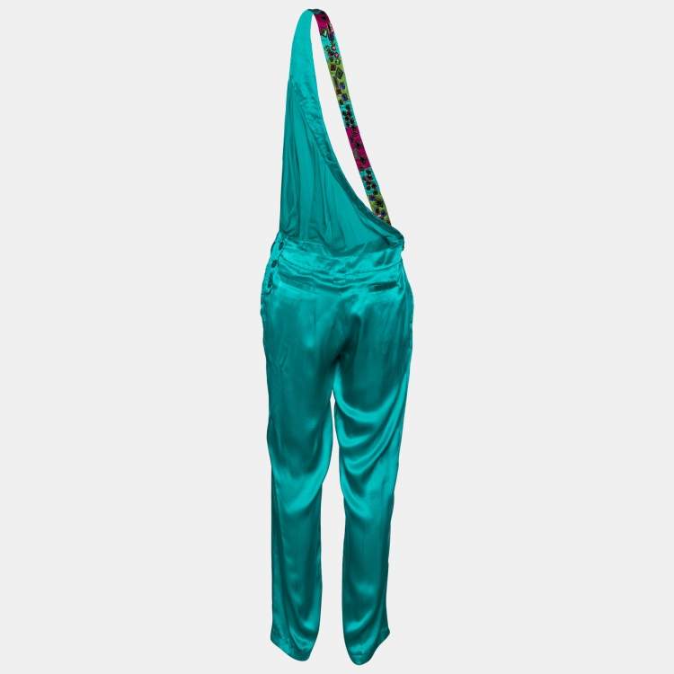 Pre Owned Etro Green Silk Hand Embroiderd One Shoulder Jumpsuit M