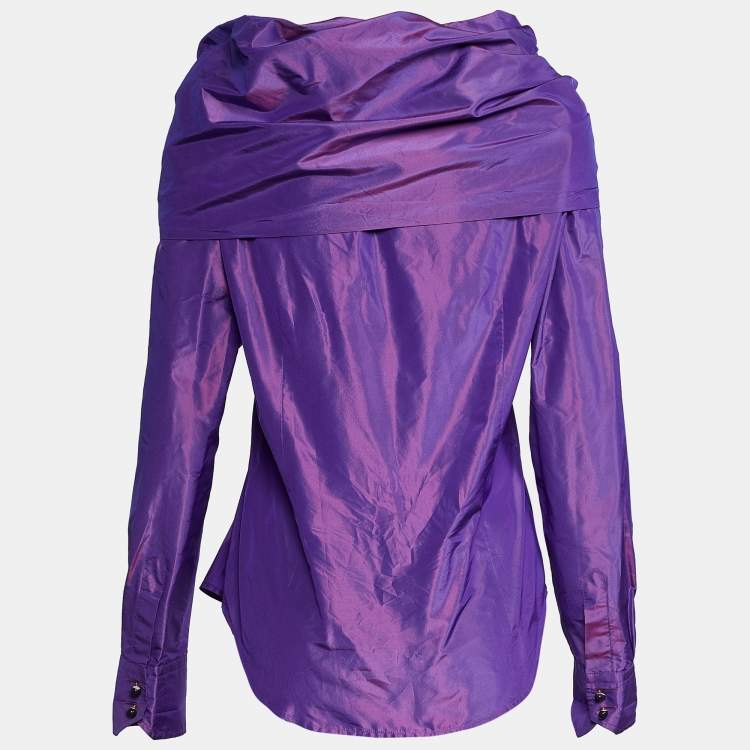 Pre Owned Etro Purple Silk Gathered Collar Detail Button Front Shirt L