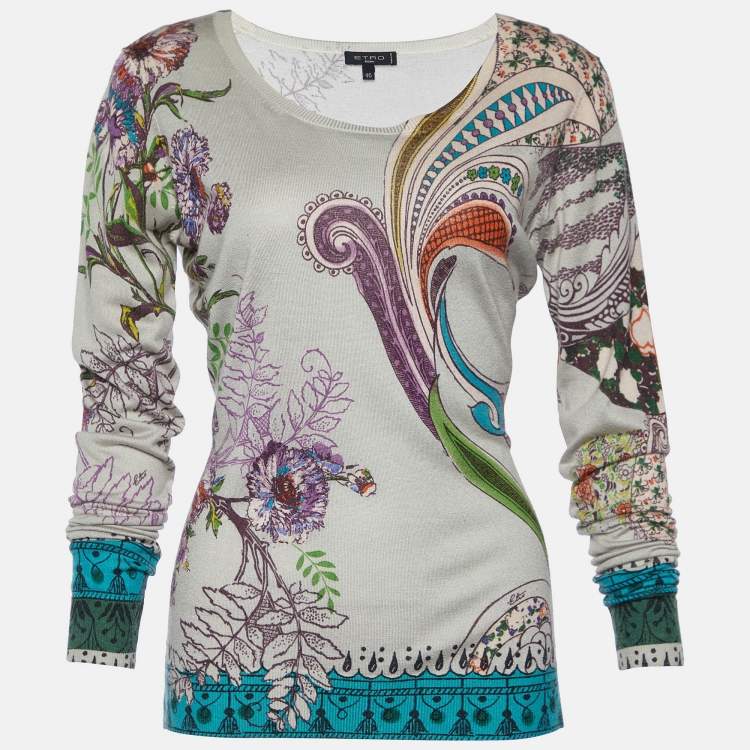 Pre Owned Etro Grey Floral Print Silk & Cashmere Knit Long Sleeve Jumper L