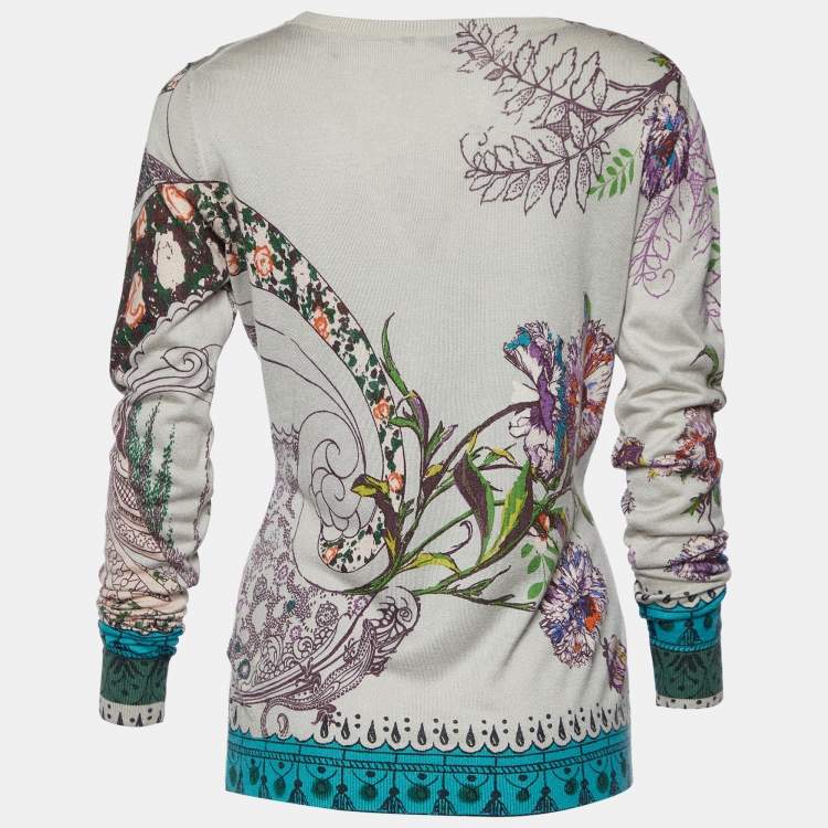 Pre Owned Etro Grey Floral Print Silk & Cashmere Knit Long Sleeve Jumper L