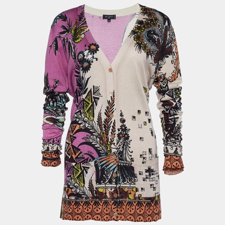 Pre Owned Etro Purple & Beige Floral Print Silk Blend Cardigan M