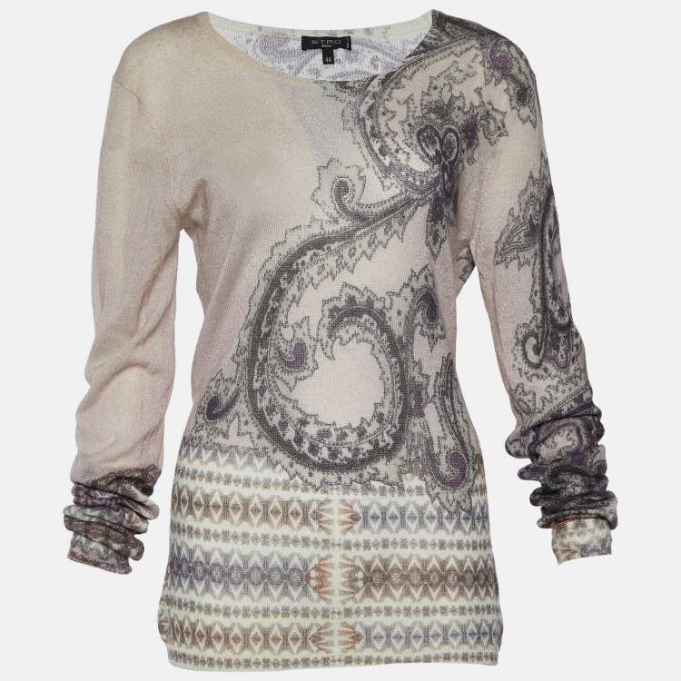 Pre Owned Etro Pale Pink Paisley Print Mohair Wool Knit Long Sleeve Jumper M