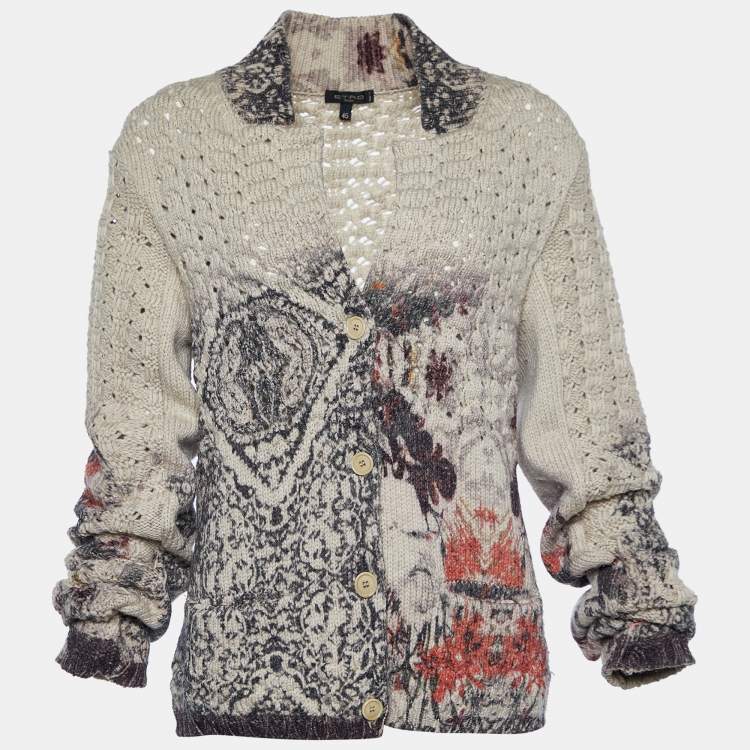 Pre Owned Etro Ecru Printed Wool Chunky Knit Button Front Cardigan L