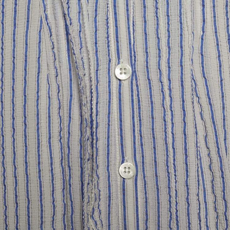 Pre Owned Etro White & Blue Striped Silk Seersucker Blouse L
