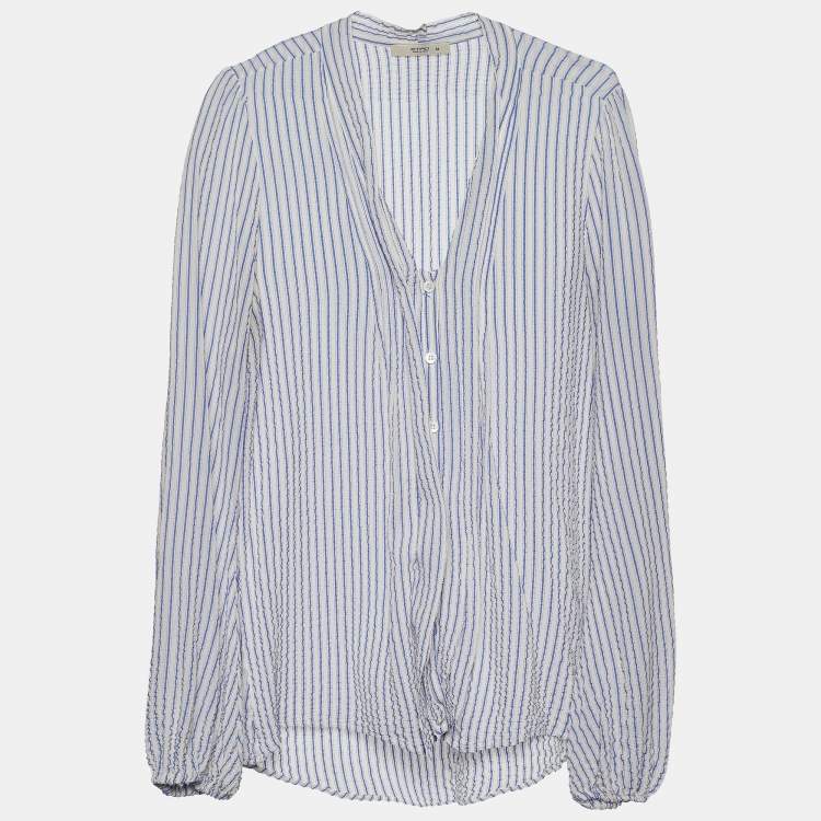 Pre Owned Etro White & Blue Striped Silk Seersucker Blouse L