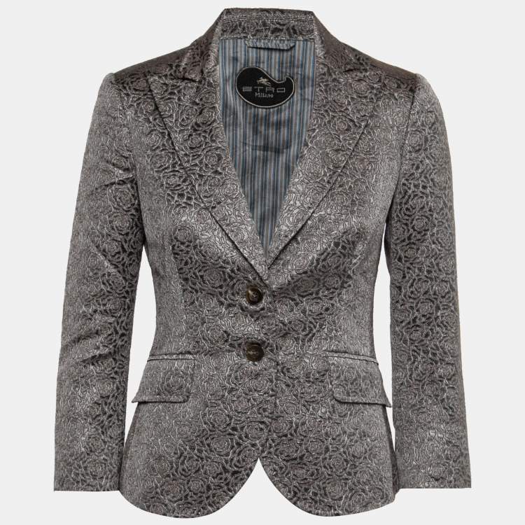 Pre Owned Etro Grey Rose Textured Lurex Jacquard Single-Breasted Jacket M