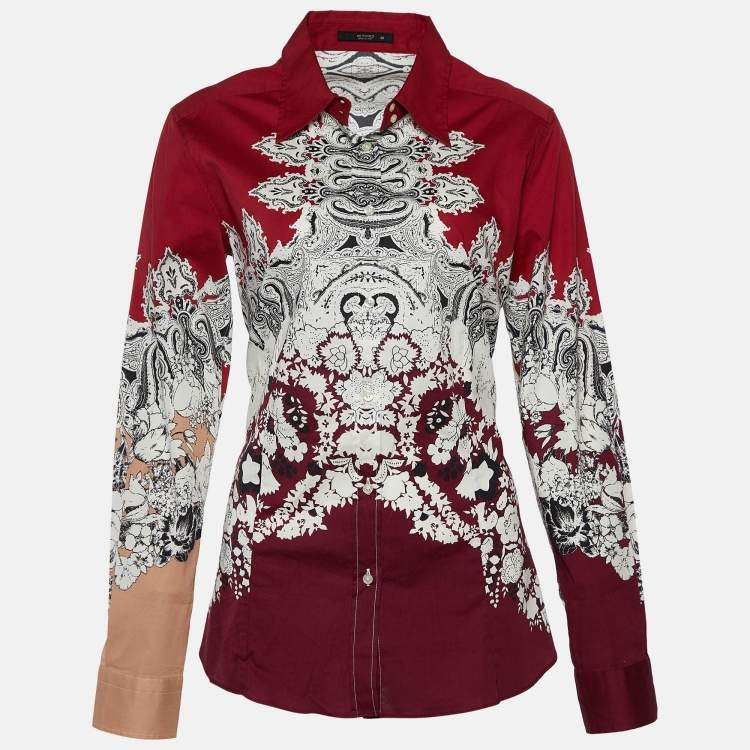 مملوكة مسبقًا Etro Red Floral Paisley Print Stretch Cotton Button Front Shirt L