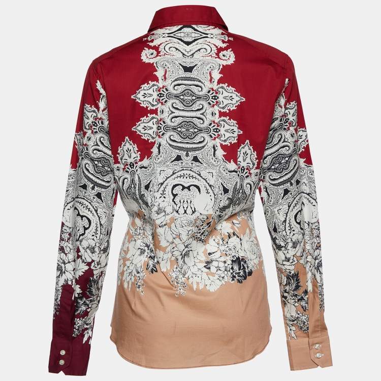 مملوكة مسبقًا Etro Red Floral Paisley Print Stretch Cotton Button Front Shirt L