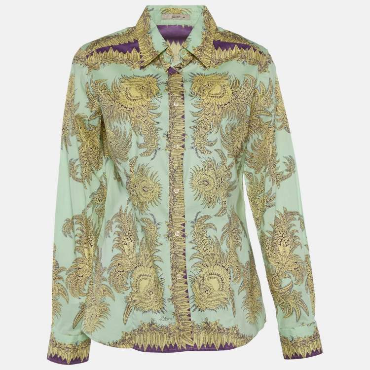 Pre Owned Etro Light Green Floral Print Stretch Cotton Button Front Shirt L