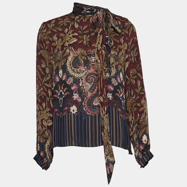 مملوكة مسبقًا Etro Maroon Floral Paisley Print Silk Tie Neck Blouse S