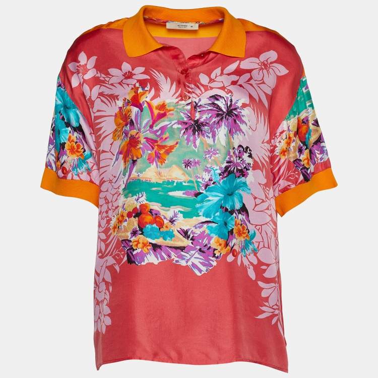 مملوكة مسبقًا Etro Pink Floral Print Silk Polo Shirt L