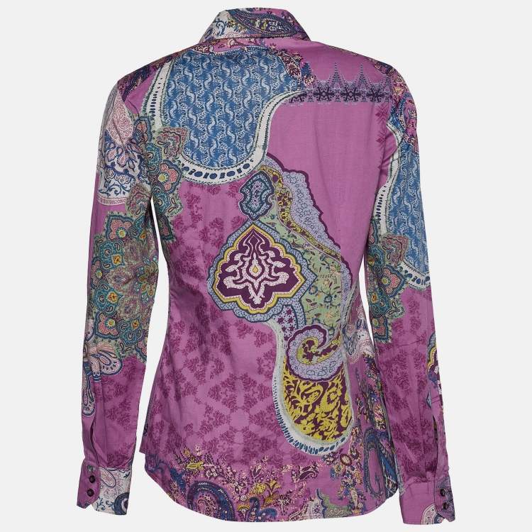Pre Owned Etro Purple Paisley Printed Cotton Button Front Shirt M