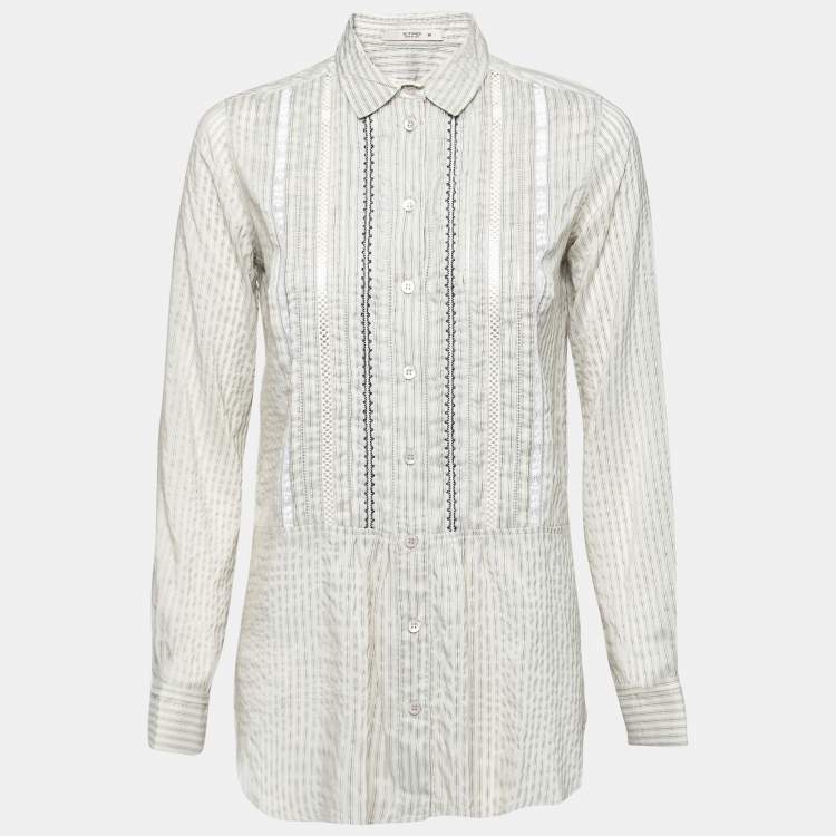 Pre Owned Etro Grey Cotton & Lace Trimmed Long Sleeve Button Front Blouse S