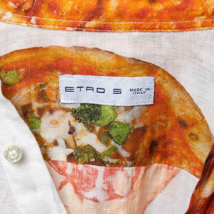Pre Owned Etro White Pizza Printed Linen Long-Sleeve Shirt S