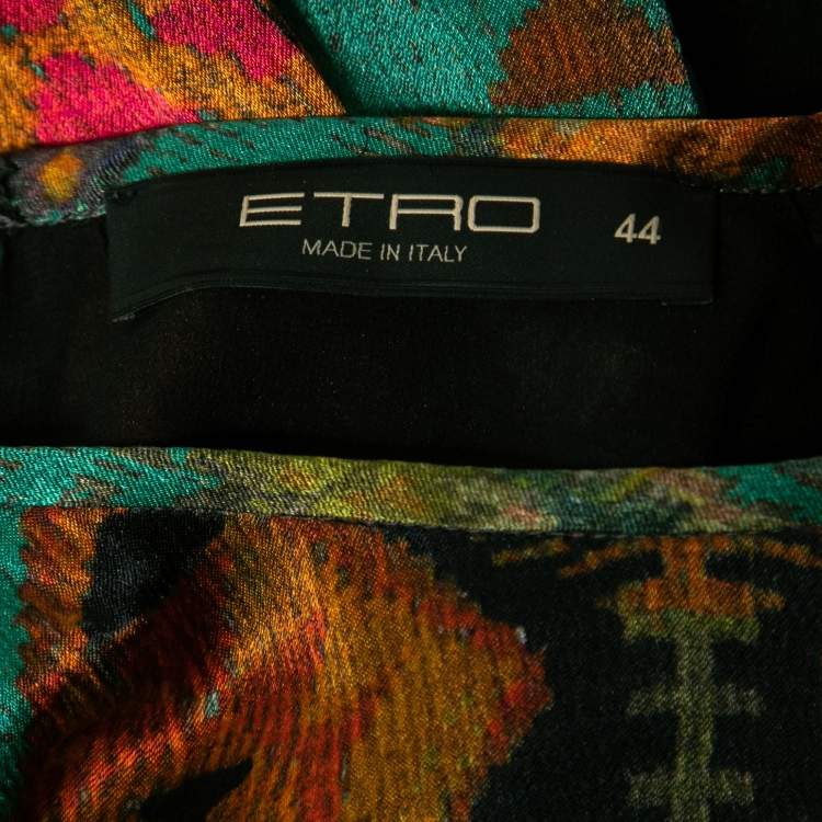 Pre Owned Etro Black Printed Paneled Crepe & Satin Long Sleeve Dress M