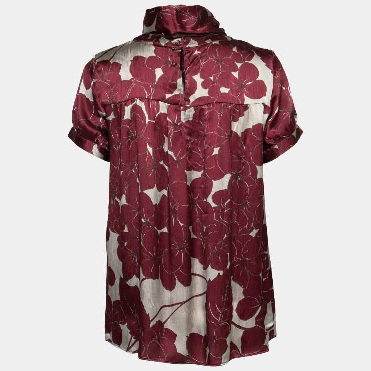 Pre Owned Etro Burgundy Floral Printed Silk Scarf Detail Top M