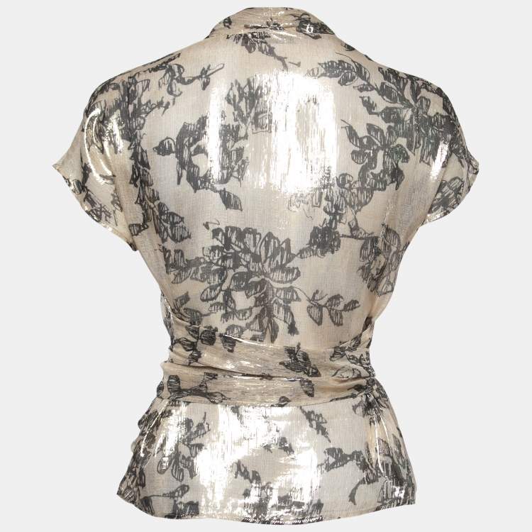 مملوكة مسبقًا Etro Gold Metallic Floral Print Silk Wrap Blouse M