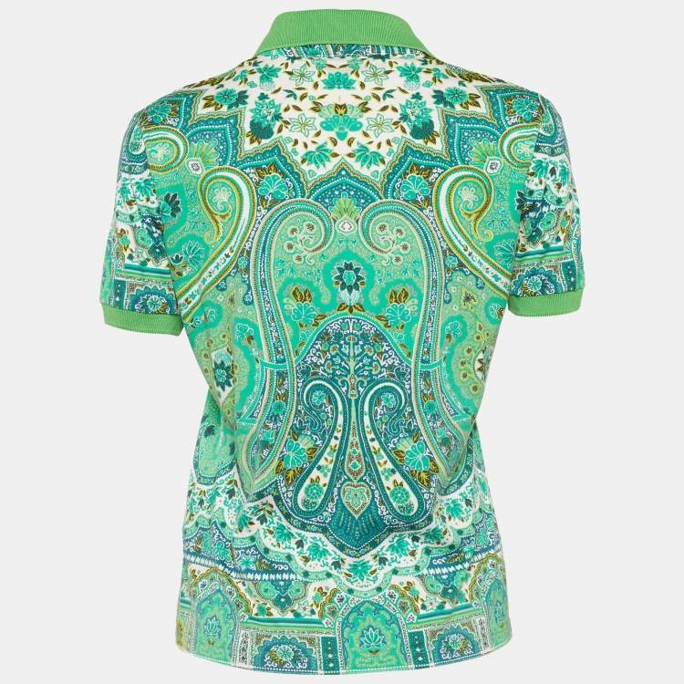 Pre Owned Etro Green Paisley Print Short Sleeve Polo T-Shirt M