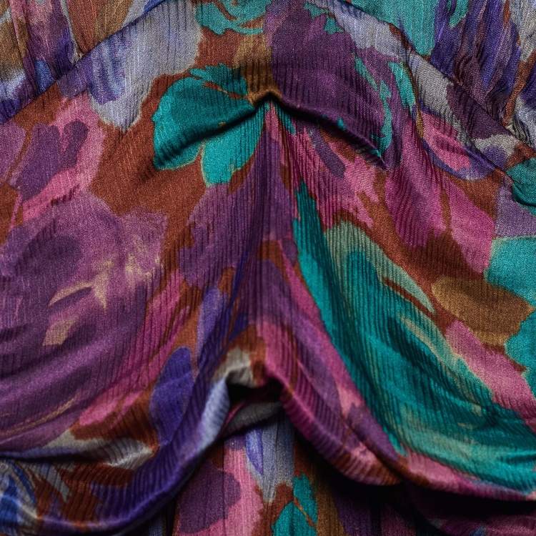 Pre Owned Etro Purple Floral Print Silk Pliseé Maxi Dress L