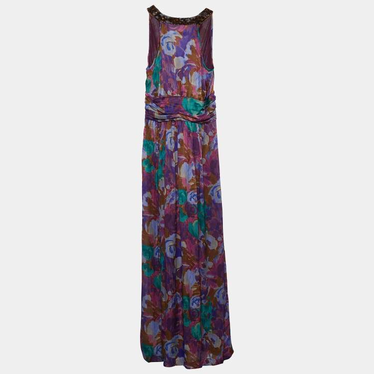 Pre Owned Etro Purple Floral Print Silk Pliseé Maxi Dress L