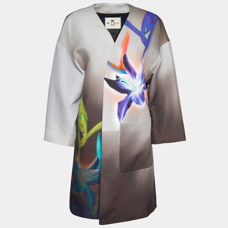 Pre Owned Etro Grey Floral Printed Cotton Mid Length Coat M