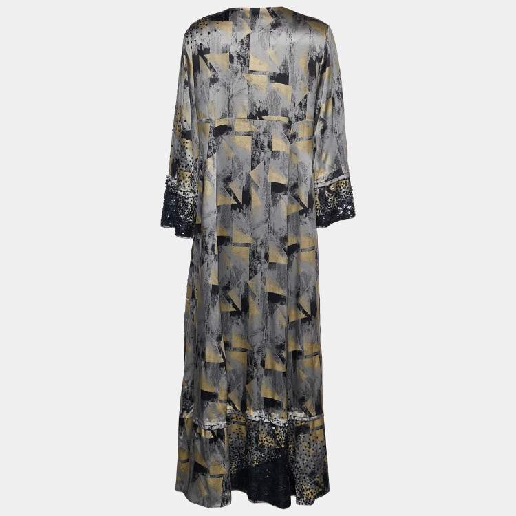 Pre Owned Etro Grey Printed Silk Sequin Embellished Maxi Dress M