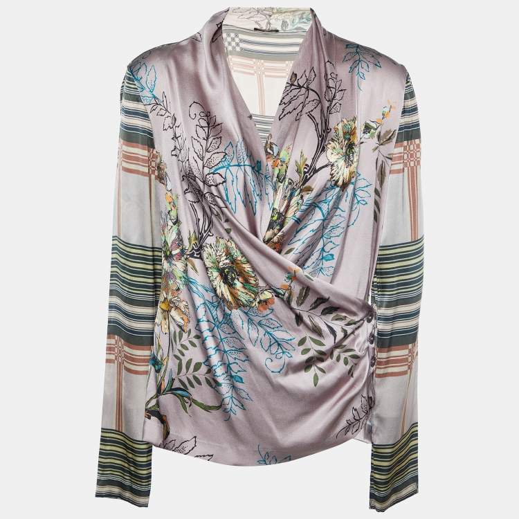 Pre Owned Etro Pink Floral Print Silk Satin Wrap Blouse L