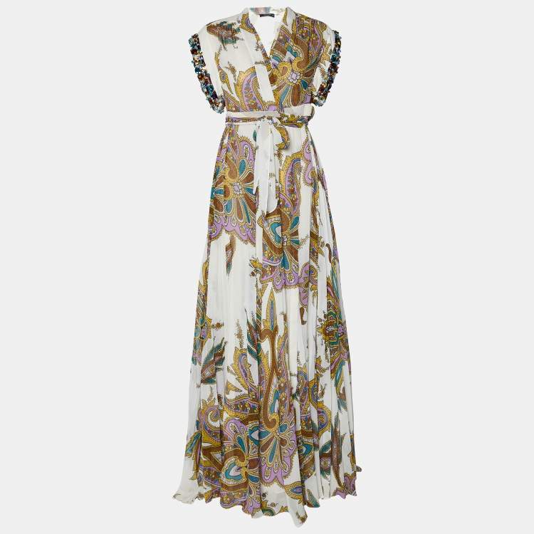 Pre Owned Etro White Paisley Printed Chiffon Embellished Sleeve Maxi Wrap Dress M