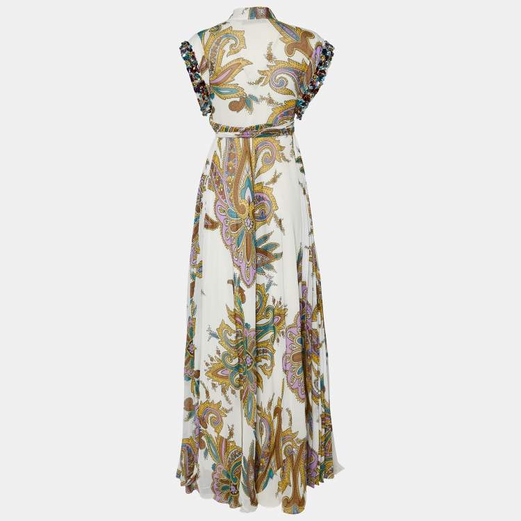 Pre Owned Etro White Paisley Printed Chiffon Embellished Sleeve Maxi Wrap Dress M